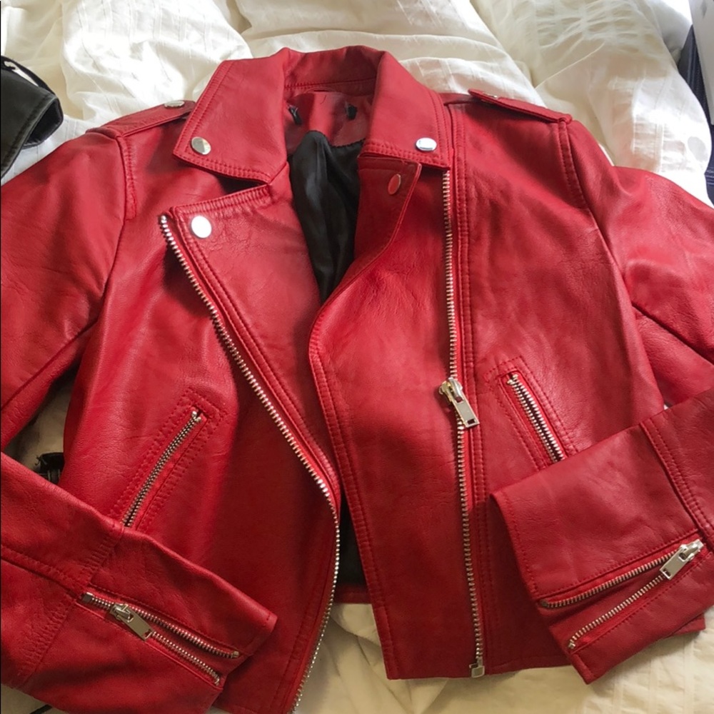 Red faux leather jacket